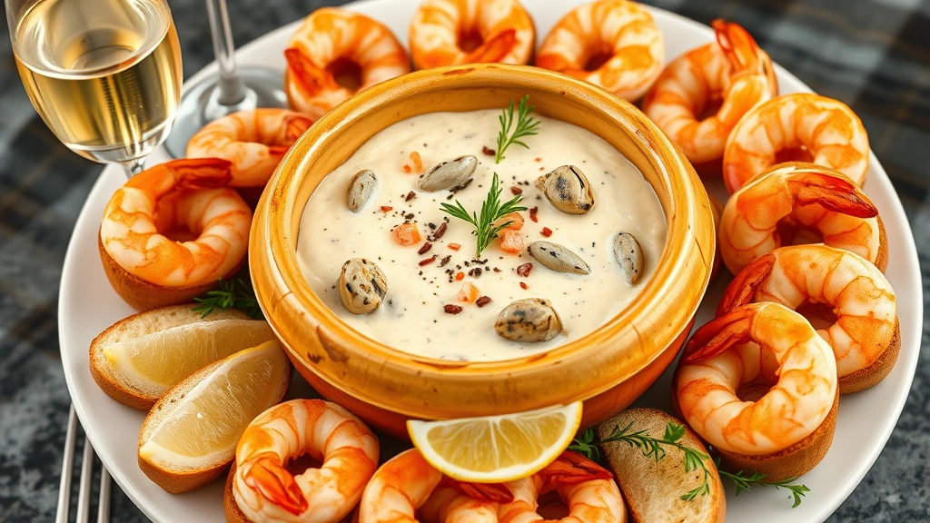 Elegant appetizer spread featuring warm clam dip in bread bowl as centerpiece, surrounded by toasted crostini, shrimp cocktail, fresh lemon wedges, and champagne glass, professional catering style presentation