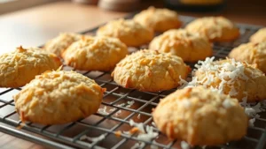 Golden-brown crispy coconut cookies cooling on a wire rack with fresh shredded coconut scattered beside them, warm afternoon kitchen lighting, shallow depth of field focusing on cookie texture