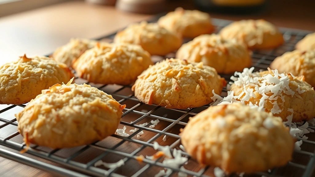Golden-brown crispy coconut cookies cooling on a wire rack with fresh shredded coconut scattered beside them, warm afternoon kitchen lighting, shallow depth of field focusing on cookie texture