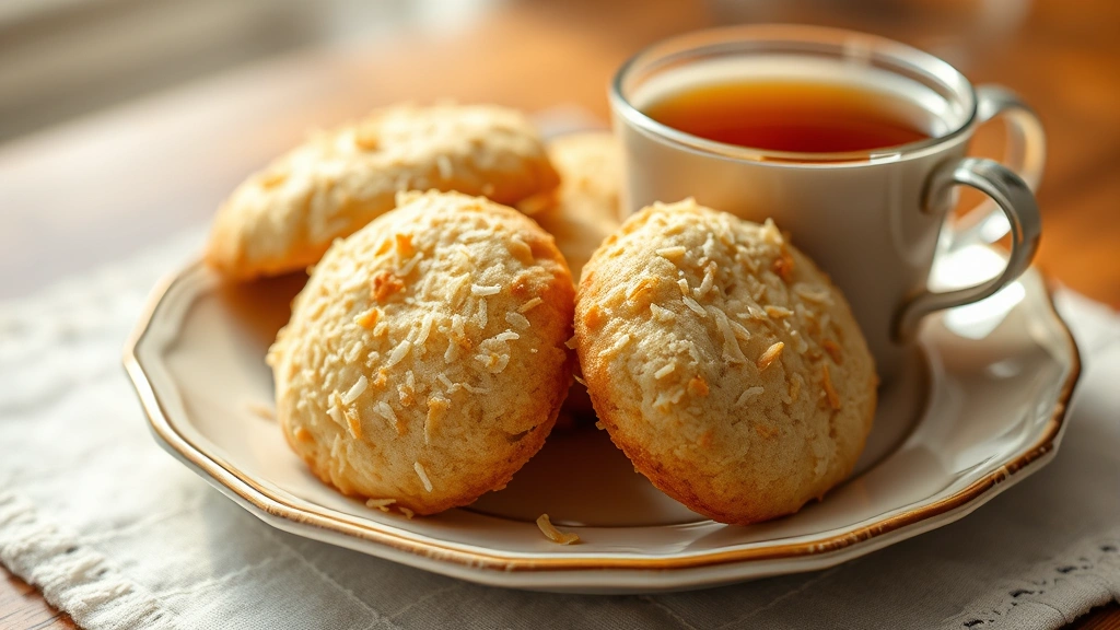 Freshly baked coconut cookies on a ceramic plate with a cup of hot tea, soft warm lighting, shallow focus showing the crispy edges and golden brown color of the cookies