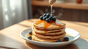 Golden-brown coconut flour pancakes stacked on white ceramic plate, topped with fresh blueberries and drizzle of honey, soft natural morning light streaming across wooden table, steam rising gently from stack