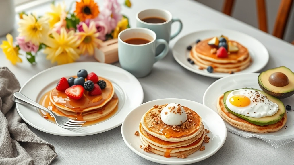 Breakfast table scene with three plates of coconut flour pancakes at different stages - one with maple syrup and berries, one with Greek yogurt and granola, one with avocado and egg, coffee cup and fresh flowers in background