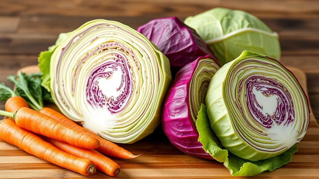 Fresh green and red cabbage heads with vibrant orange carrots arranged on a wooden cutting board, natural daylight, high quality food photography