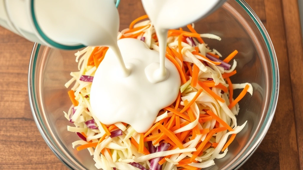Thinly sliced cabbage and shredded carrots in a large clear glass mixing bowl with creamy white dressing being poured over, professional food photography