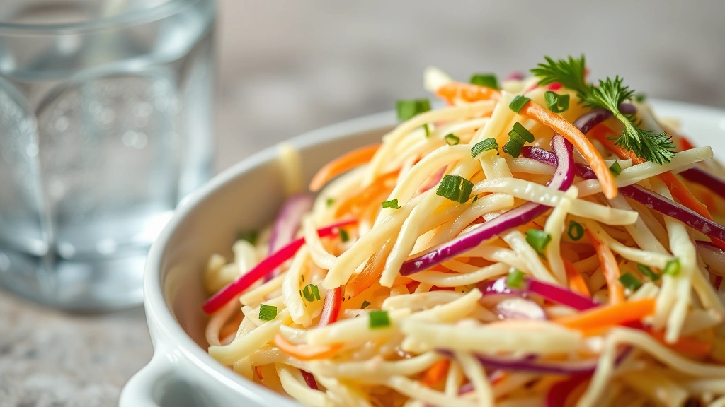 Finished coleslaw in a white ceramic serving bowl with garnish of fresh herbs, condensation on glass of cold water beside it, appetizing close-up shot