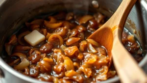Close-up of golden-brown caramelized onions in a heavy stainless steel pot, glistening with butter, showing deep mahogany color and jammy texture, steam rising slightly, wooden spoon visible