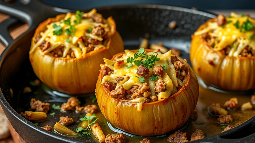 Stuffed colossal onion halves in a cast iron skillet, filled with seasoned ground beef and rice mixture, topped with melted cheese, golden brown, garnished with fresh herbs, appetizing presentation