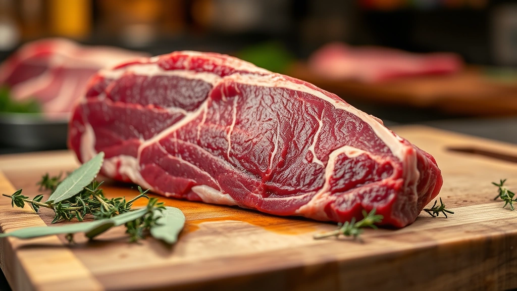 Raw beef brisket with visible marbling and fat, placed on a wooden cutting board with fresh herbs like bay leaves and thyme scattered around it, professional butcher shop lighting, shallow depth of field