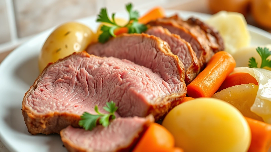 Sliced corned beef brisket showing tender pink interior with perfect grain cuts, arranged on a white plate with boiled potatoes, carrots, and steamed cabbage wedges, garnished with fresh parsley, warm kitchen lighting, close-up food photography