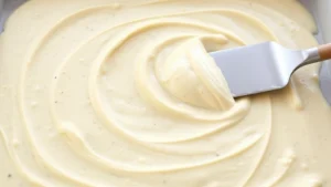 Close-up of smooth cottage cheese mixture being spread evenly on parchment-lined baking sheet with offset spatula, showing pale creamy consistency before baking