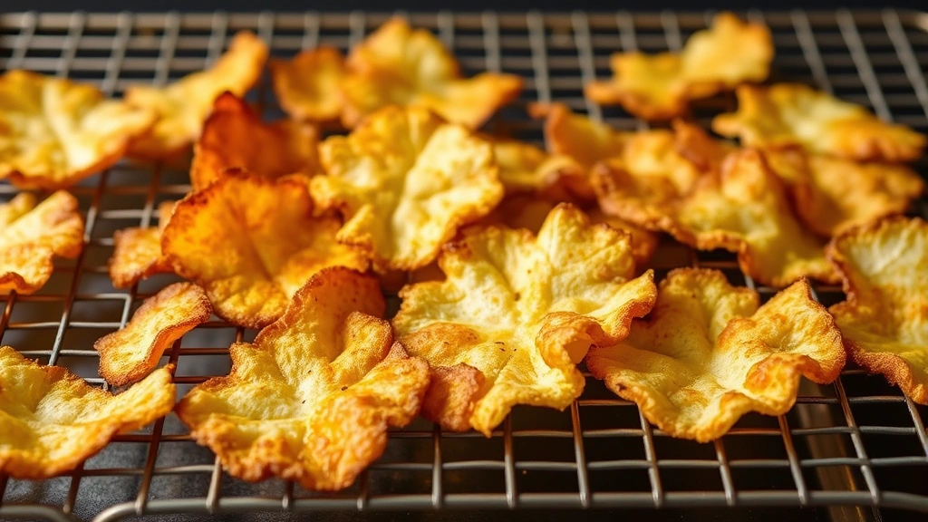 Golden-brown crispy cottage cheese chips on cooling rack, showing scored pieces with light caramelized edges and visible texture, fresh from oven