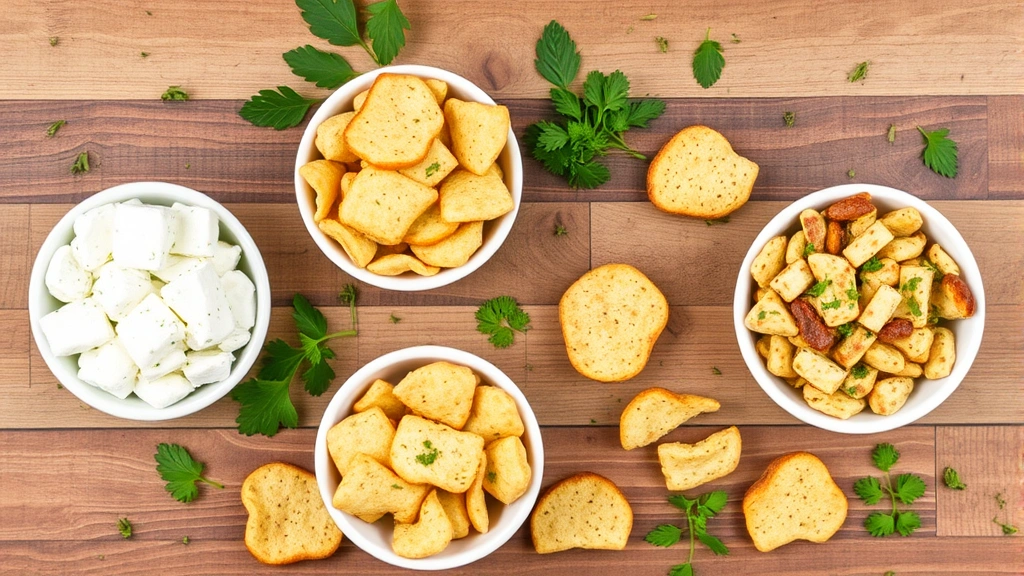 Overhead flat lay of various seasoned cottage cheese chip varieties in small bowls - ranch, spicy, Italian herbs, everything bagel blend - arranged on wooden surface with fresh herbs scattered around