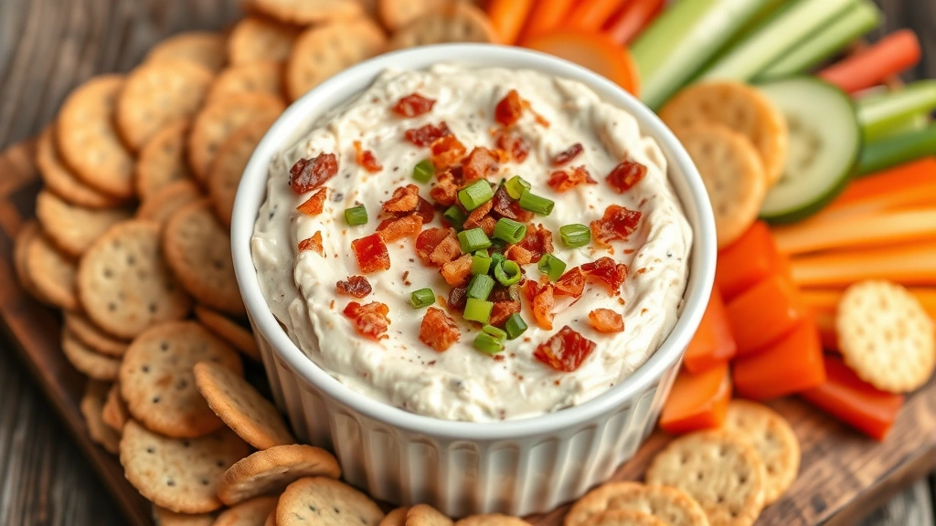 Close-up of creamy crack dip in white ceramic bowl topped with crispy crumbled bacon bits and fresh chopped green onions, surrounded by assorted crackers and fresh vegetable slices on wooden serving board