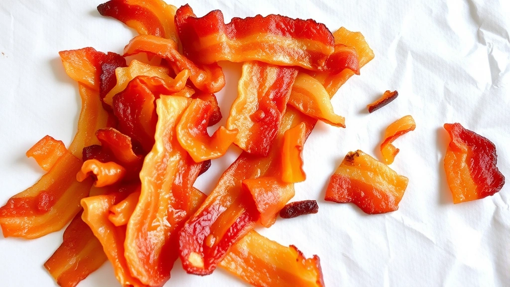 Golden-brown crispy bacon strips cooling on white paper towels, freshly cooked and ready to crumble for the dip recipe