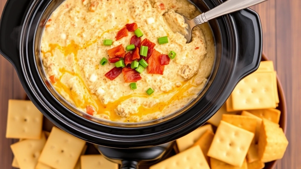 Overhead view of crack dip in slow cooker with garnish of bacon and green onions, with serving utensil and crackers on sides, warm steam visible