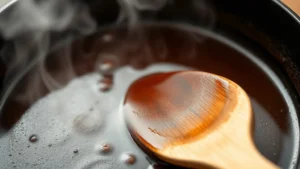 Close-up of dark brown roux being stirred in cast iron skillet with wooden spoon, steam rising, shallow depth of field focusing on rich chocolate-colored mixture