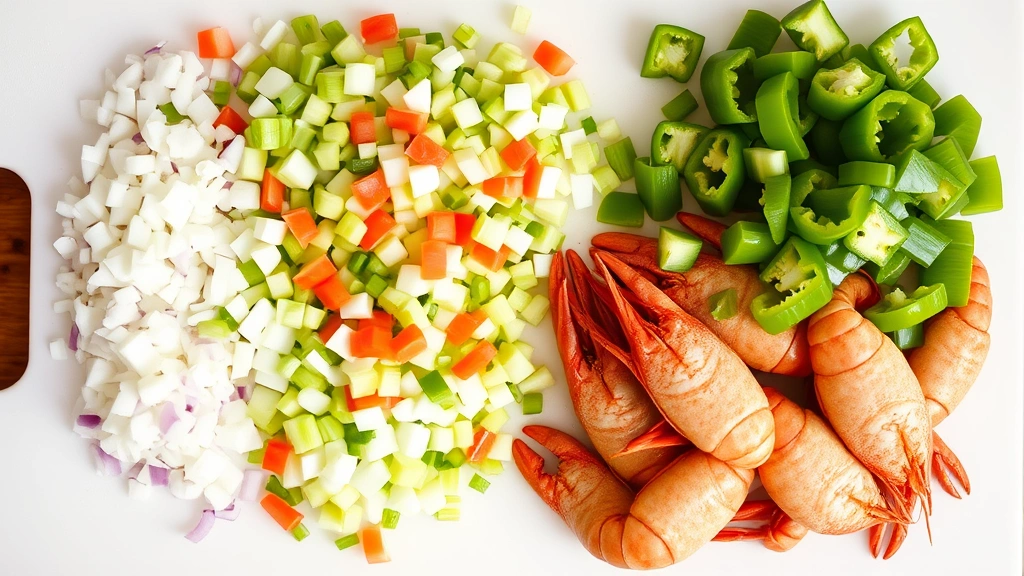 Overhead shot of colorful diced onions, celery, and green bell peppers arranged separately on white cutting board next to pile of fresh crawfish tails, natural lighting