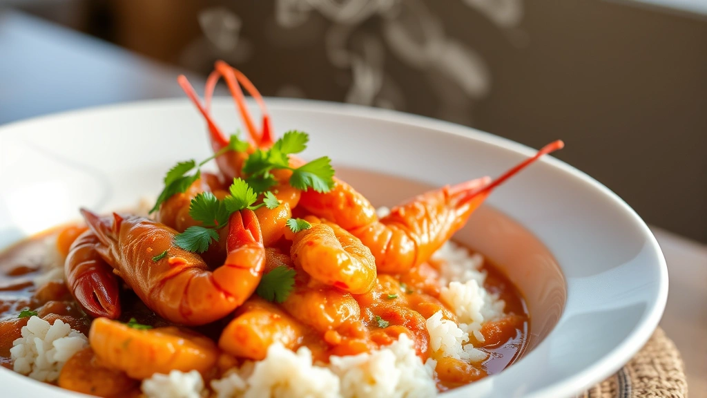 Beautiful plated crawfish etouffee in shallow white bowl over fluffy white rice, garnished with fresh green parsley, rich reddish-brown sauce visible, steam gently rising, warm natural lighting