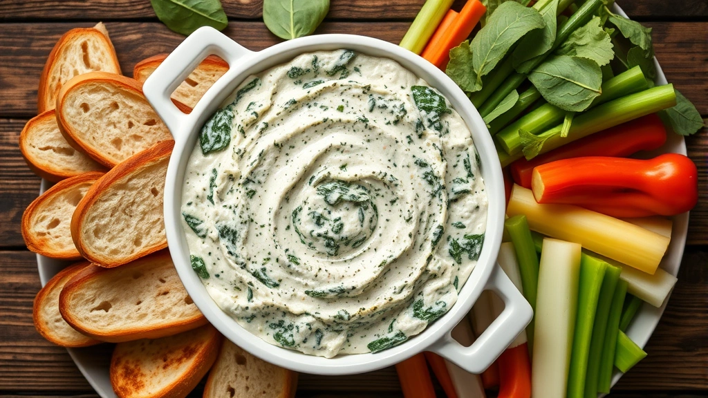 Overhead view of creamy spinach artichoke dip in white ceramic bowl with toasted bread slices and fresh vegetables arranged around it on wooden table