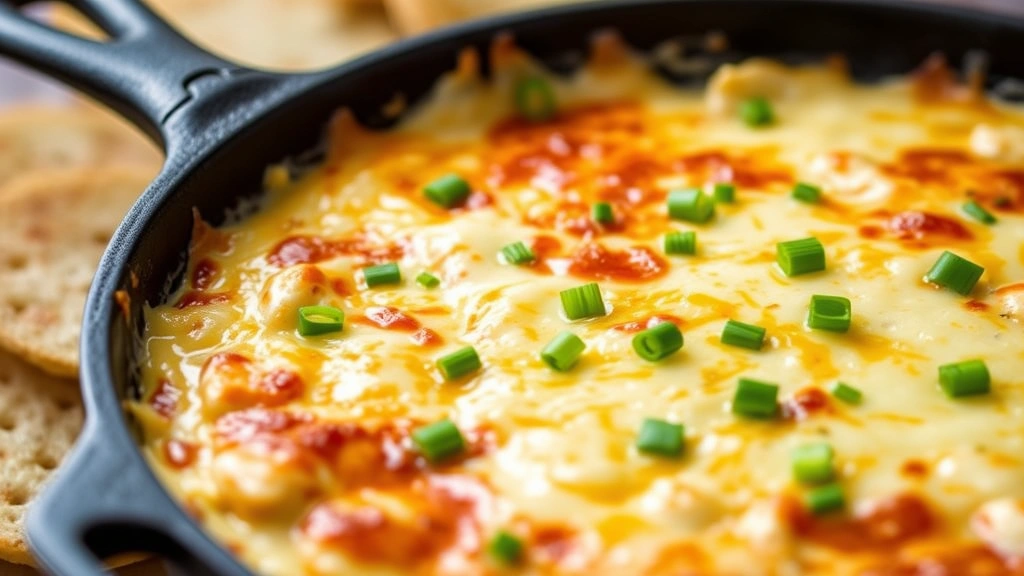 Close-up of golden-brown baked buffalo chicken cream cheese dip bubbling in cast iron skillet with melted cheese and fresh chives garnish