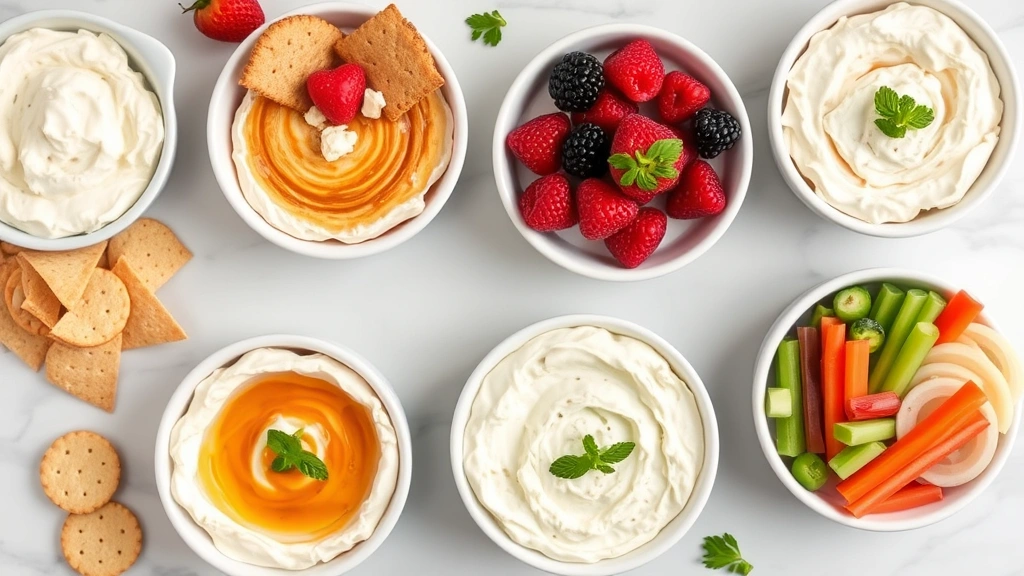 Flat lay of multiple cream cheese dips in small bowls with various dippers including crackers, fresh berries, tortilla chips, and raw vegetables on marble surface