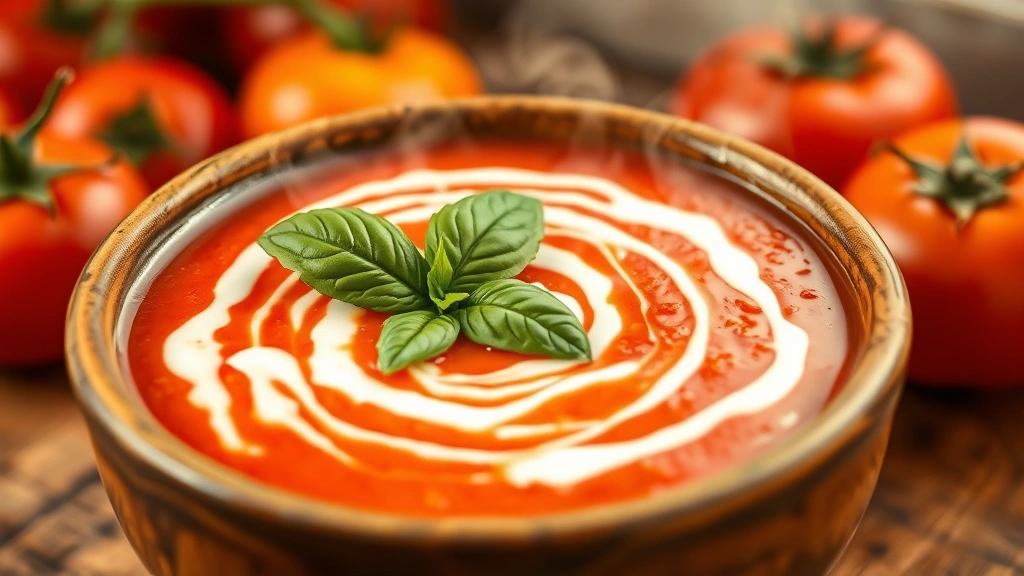 Steaming bowl of creamy tomato soup with rich red color, topped with fresh basil leaf and swirl of cream, rustic ceramic bowl, warm kitchen lighting, fresh tomatoes visible in soft focus background