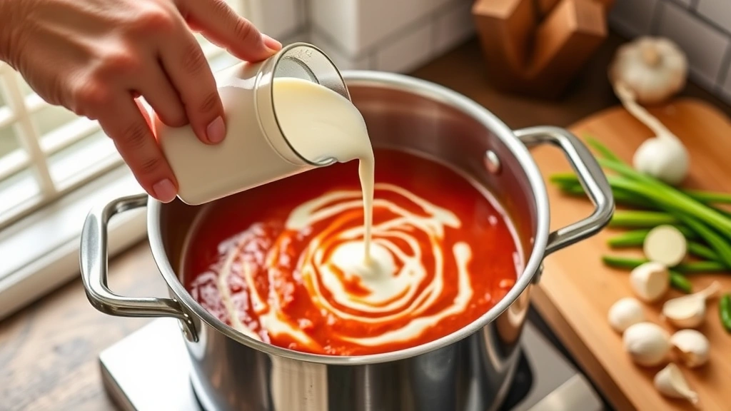 Hands pouring heavy cream into pot of simmering tomato soup, cream creating elegant swirl pattern, stainless steel pot, natural daylight from kitchen window, fresh garlic and onions on cutting board nearby
