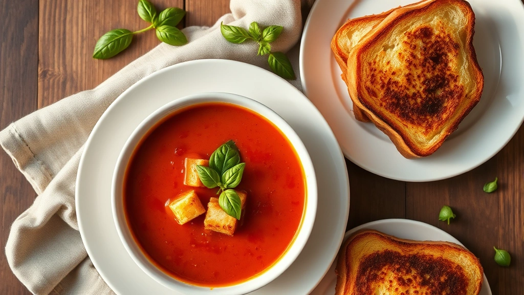 Overhead view of creamy tomato soup bowl with crispy croutons, fresh basil garnish, and grilled cheese sandwich half visible on white plate, warm golden lighting, linen napkin, fresh basil sprigs as decoration