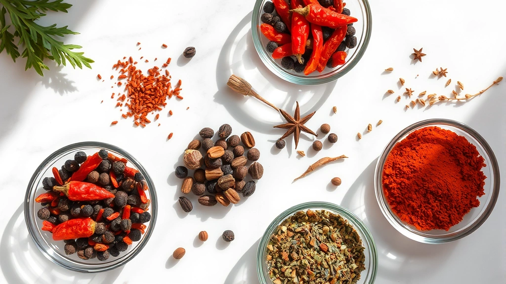 Overhead flat lay of colorful dried spices including paprika, cayenne pepper, black peppercorns, oregano, and thyme arranged in small glass bowls on white marble surface with natural sunlight