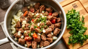 Golden-brown ground beef sizzling in a stainless steel skillet with diced onions and minced garlic, steam rising, fresh Italian herbs scattered nearby on a wooden cutting board