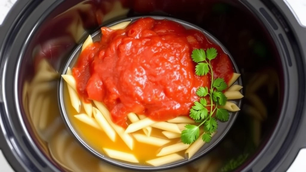Slow cooker filled with layered ingredients: golden broth at bottom, vibrant red tomato sauce, uncooked penne pasta, and fresh aromatics, ready for cooking