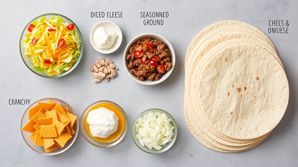 Overhead flat-lay composition showing all Crunchwrap ingredients neatly arranged in small bowls: shredded cheese, diced tomatoes, shredded lettuce, seasoned ground beef, sour cream, nacho cheese sauce, diced onions, and crunchy tostada shells, with flour tortillas stacked to the side