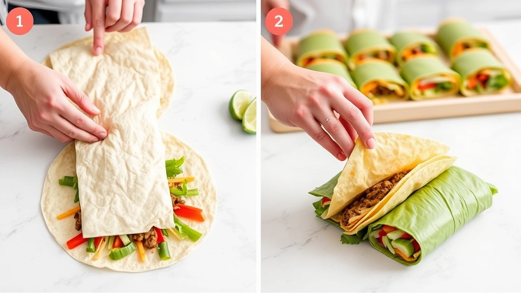 Step-by-step assembly process showing hands folding a large flour tortilla filled with meat, vegetables, cheese, and tostada shell into a compact wrap package on a clean kitchen counter, with finished wrapped bundles visible in the background