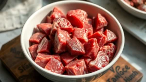 Raw venison meat chunks in a butcher's bowl, trimmed and prepared for cooking, natural lighting showing the dark red color and lean texture of the meat