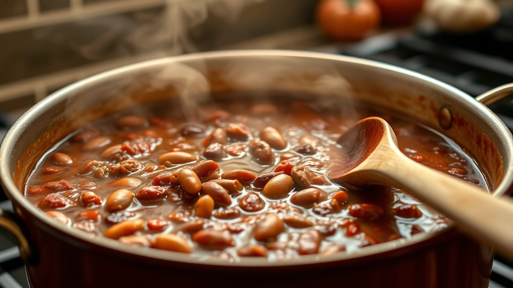 Simmering pot of venison chili with visible meat pieces and beans, aromatic steam rising, wooden spoon stirring the rich brown-red mixture, warm kitchen lighting