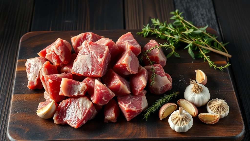 Raw venison stew meat chunks on dark wooden cutting board with fresh thyme sprigs, bay leaves, and garlic cloves scattered nearby, dramatic lighting from above