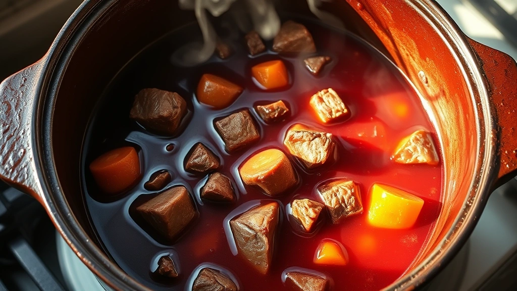 Dutch oven filled with rich burgundy-colored deer stew mid-cooking, tender meat pieces and carrots visible in glossy broth, steam rising, warm kitchen lighting