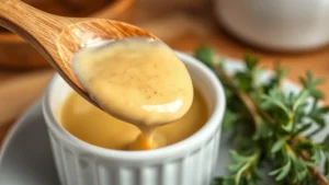 Creamy Dijon mustard sauce coating the back of a wooden spoon, glossy and rich, with fresh tarragon sprigs beside a white ceramic ramekin, warm kitchen lighting