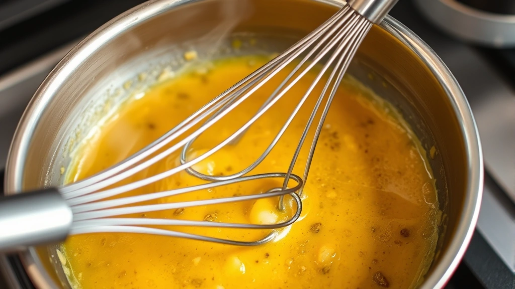 Close-up of whisking motion in a stainless steel saucepan with golden mustard sauce, minced shallots visible, steam rising gently, professional kitchen setting