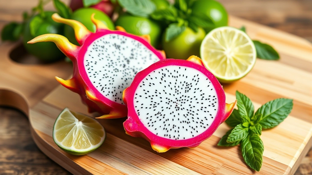 Vibrant magenta dragon fruit cut in half showing white speckled flesh on wooden cutting board with fresh lime halves and mint leaves scattered nearby, bright natural lighting