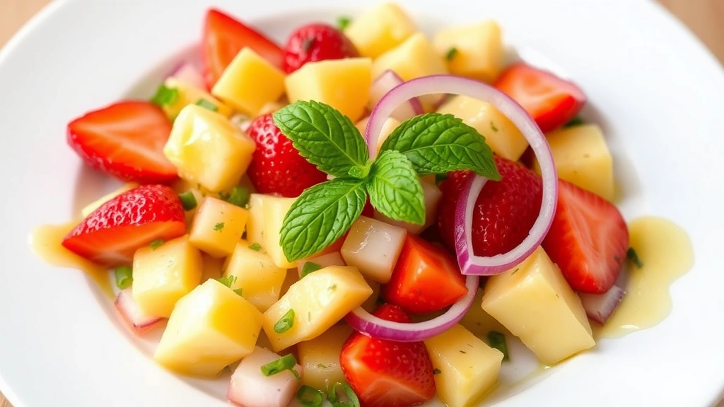 Colorful composed salad with cubed dragon fruit, strawberries, pineapple chunks, and sliced red onion arranged on white plate with lime-honey dressing drizzled over, fresh mint garnish
