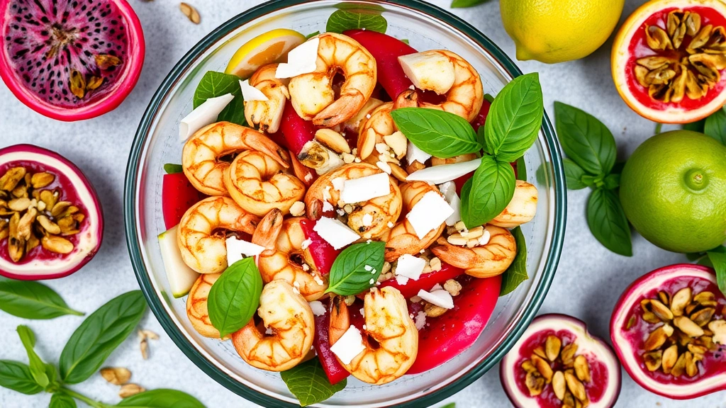 Overhead flat lay of tropical dragon fruit salad in glass bowl with grilled shrimp, coconut flakes, toasted almonds, and fresh basil, with ingredients arranged around the bowl including passion fruit and limes