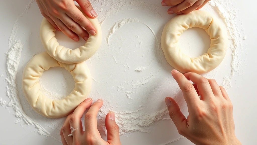 Close-up overhead view of hands shaping raw bagel dough into ring shapes on a floured white surface, showing the hole-stretching technique in detail with flour dust visible