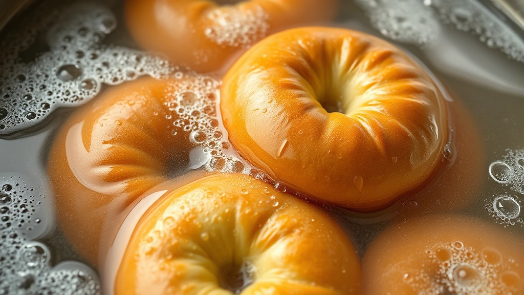 Golden-brown freshly boiled bagels floating in steaming water with visible bubbles, captured mid-boil showing the glossy wet surface and baking soda foam around edges