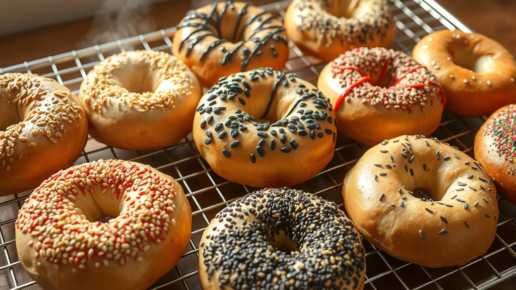 Beautiful arrangement of finished baked bagels with various toppings like sesame seeds, poppy seeds, and everything seasoning, displayed on a wire cooling rack with steam rising, warm natural lighting