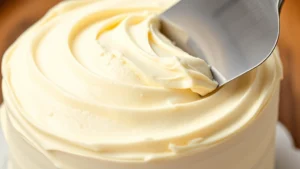 Close-up of fluffy, pale yellow buttercream frosting being spread smoothly on a white layer cake with an offset spatula, showing perfect texture and consistency