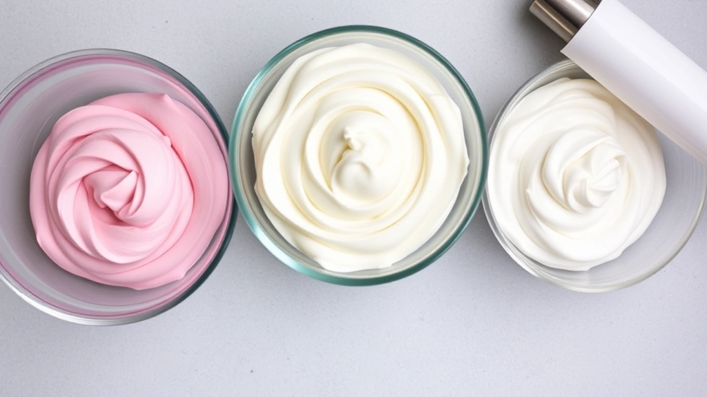 Three bowls of different frostings side by side: silky pink buttercream, tangy cream cheese frosting, and light whipped cream frosting with a piping bag nearby