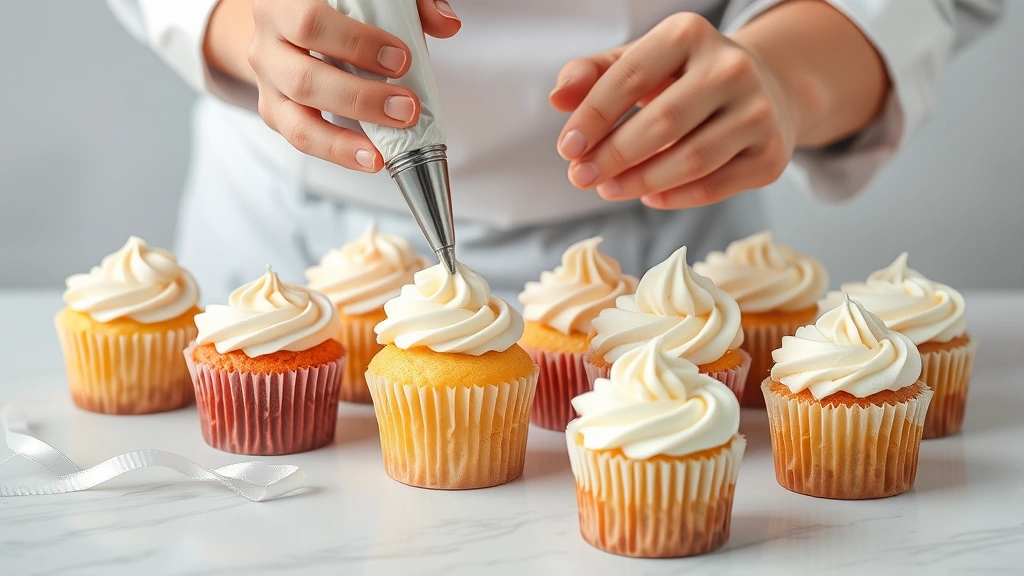 Professional baker's hands piping decorative swirls and rosettes with buttercream frosting onto cupcakes using a pastry bag and large piping tip