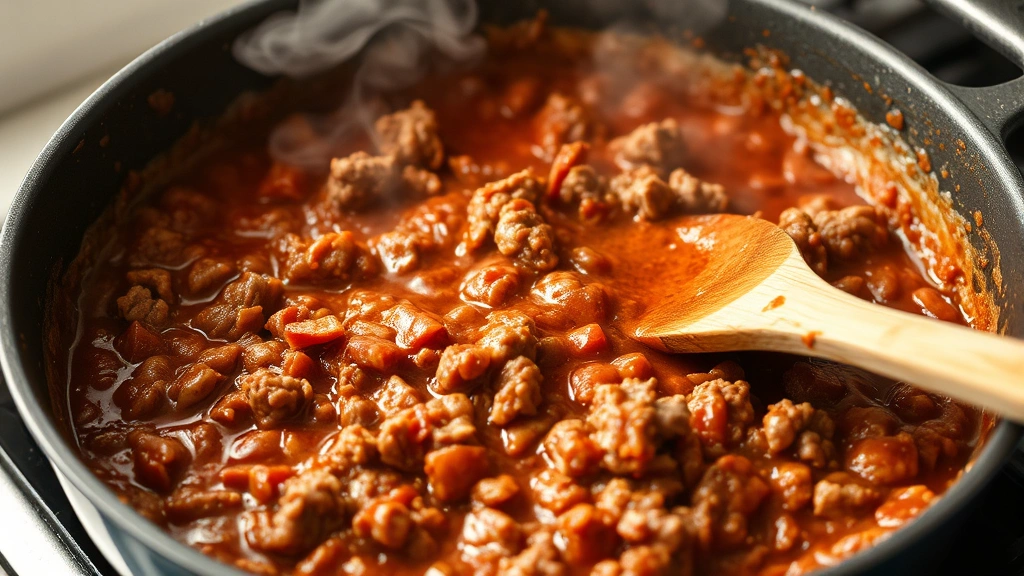 Finished sloppy joe mixture simmering in skillet, rich reddish-brown sauce coating ground beef, steam rising, bubbling gently at edges, wooden spoon stirring the mixture