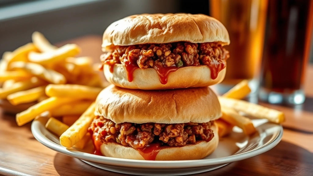 Two assembled sloppy joe sandwiches on toasted buns stacked on a ceramic plate, sauce slightly dripping down sides, crispy french fries piled beside sandwiches, cold condensation on glass of beverage in background, warm natural lighting